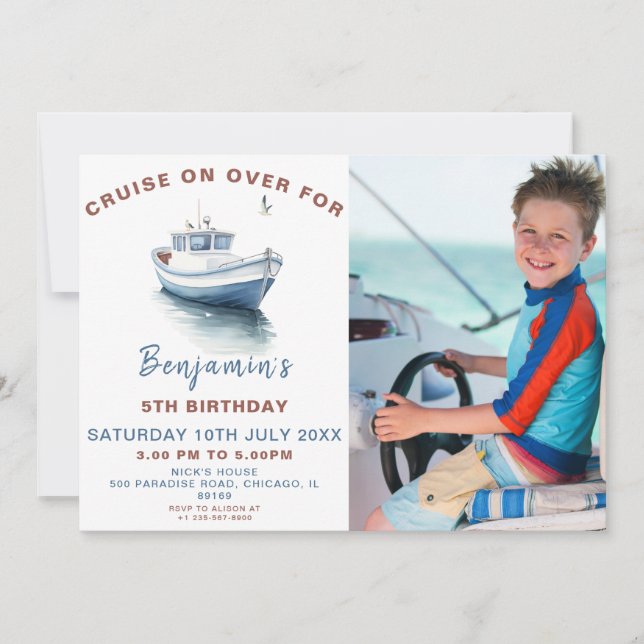 Editable Blue Boat Thema Geburtstag Foto Einladung (Vorderseite)