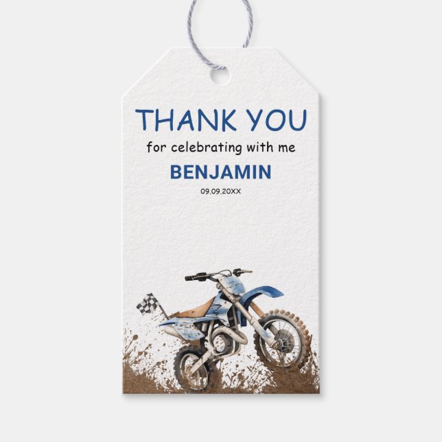 Editable Blue Dirt Bike Kindergeburtstag Geschenkanhänger (Vorderseite)