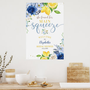 Editable Blue Floral Lemon Brautparty Sie gefunden Poster