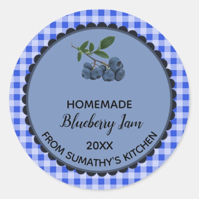 Editable Blue Gingham Blueberry Jam Label Sticker (Vorderseite)