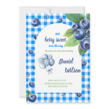Editable Blue Gingham Charming Berry Green Blätter