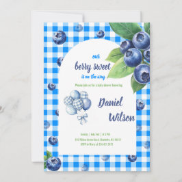 Editable Blue Gingham Charming Berry Green Blätter Einladung