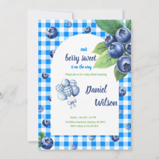Editable Blue Gingham Charming Berry Green Blätter Einladung