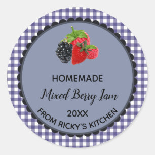 Editable Blue Gingham Mixed Berry Jam Label Sticke Runder Aufkleber