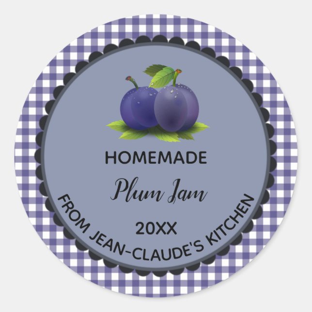 Editable Blue Gingham Plum Jam Label Stickers (Vorderseite)
