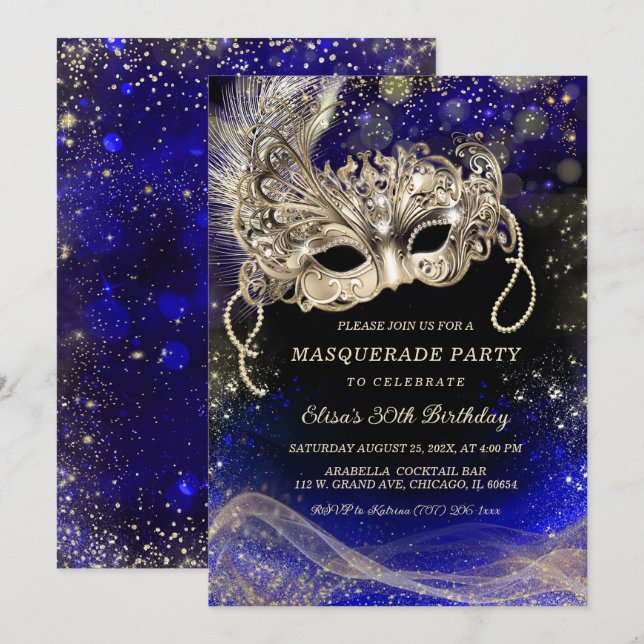 Editable Blue Gold Themes für Masquerade Party Einladung (Vorne/Hinten)