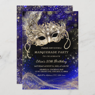Editable Blue Gold Themes für Masquerade Party Einladung