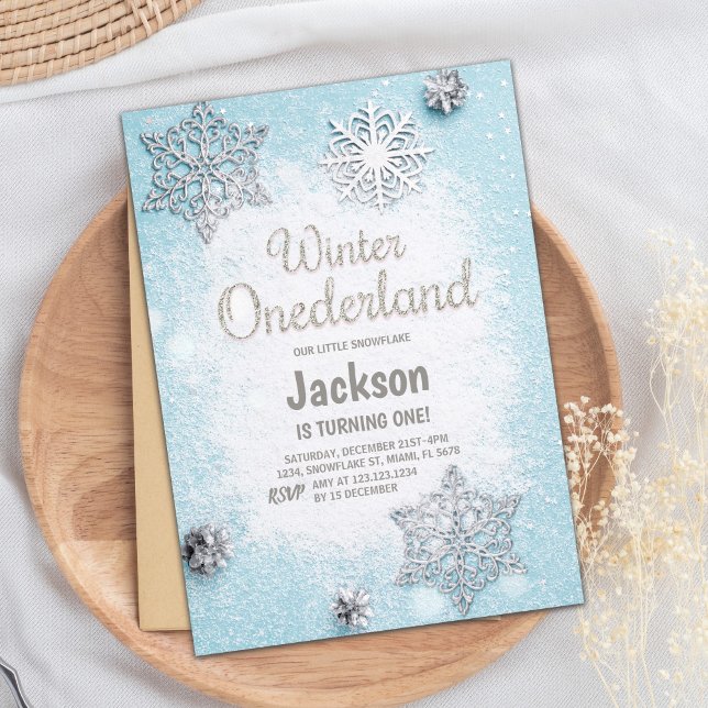 Editable Blue Silver Glitzer Winter Onederland Einladung (Blue Silver Glitter Winter ONEderland Invitations)