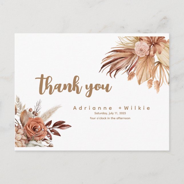 Editable Boho und Pampas Danke Karte. Postkarte (Vorderseite)