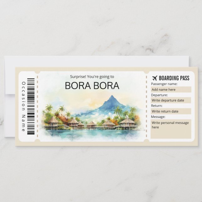 Editable Bora Bora Flugzeug Ticket Boarding Pass Einladung (Vorderseite)