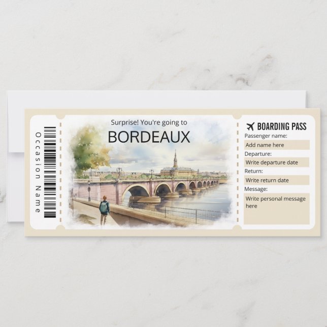 Editable Bordeaux Flugzeug Ticket, Frankreich Trip Einladung (Vorderseite)