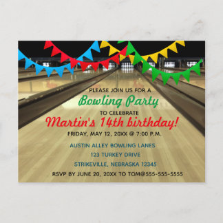 Editable Bowling Alley Lane Birthday Party Einladungspostkarte