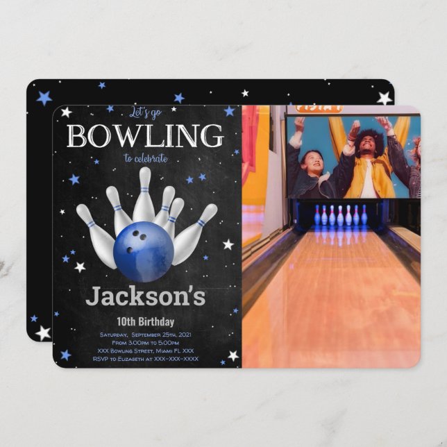 Editable Boy Bowling Foto Einladung (Vorne/Hinten)