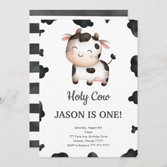 Editable Boy Cow Birthday Einladung (Vorne/Hinten)