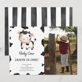 Editable Boy Cow Geburtstag Foto Einladung