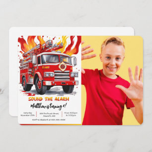 Editable Boy Fire Truck Birthday Foto Einladung