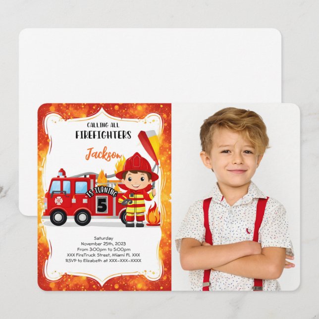 Editable Boy Fire Truck Birthday Foto Einladung (Vorne/Hinten)