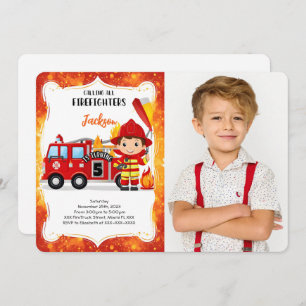Editable Boy Fire Truck Birthday Foto Einladung