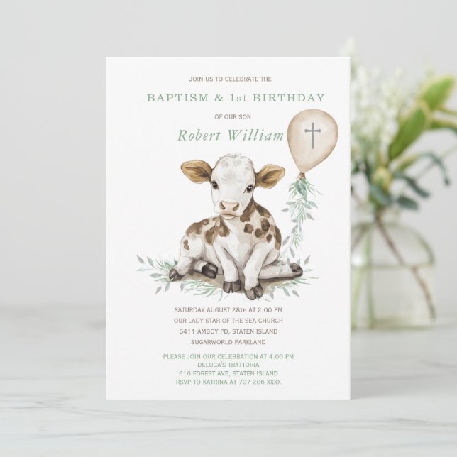 Editable Boy First Birthday und Baptisse Einladung (Stehend Vorderseite)