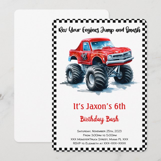 Editable Boy Monster Truck Geburtstag Einladung (Vorne/Hinten)