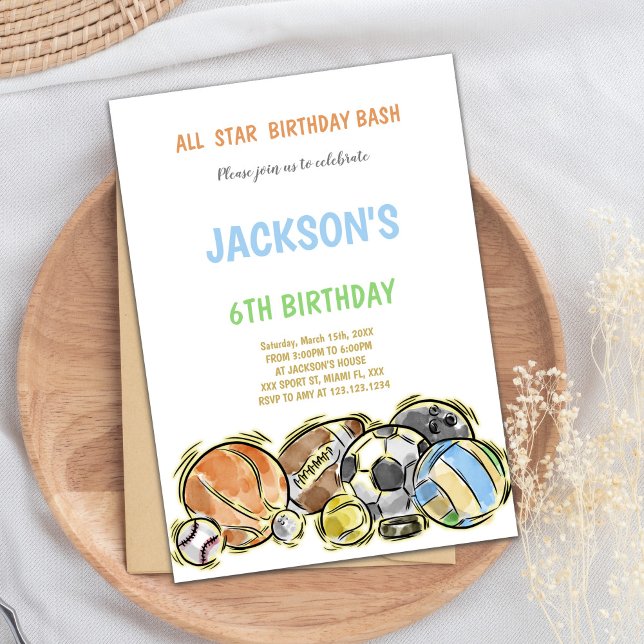 Editable Boys Multi-Sport Party Einladung mit Arti (Watercolor shake Sports Birthday Invitations)