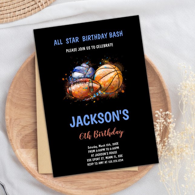 Editable Boys Multi-Sport Party laden ein Einladung (Paint Black Sports Birthday Invitations)