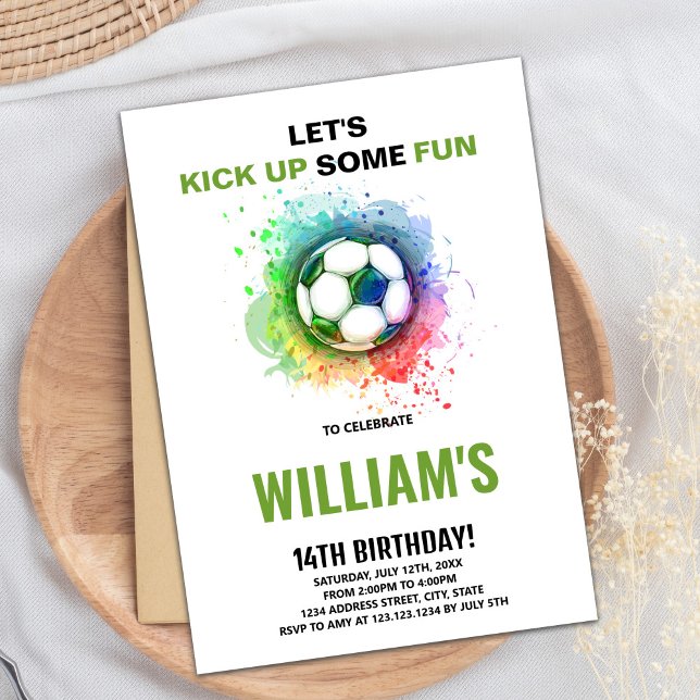 Editable Boys Sports Party Card mit Ball & Goal Einladung (Watercolor Soccer Birthday Invitations)