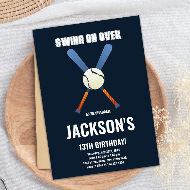 Editable Boys Sports Party Card mit klassischem Ba Einladung (Dark Blue Baseball Birthday Invitations)