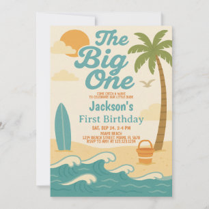 Editable Boy's The Big One Surfing 1. Geburtstag Einladung