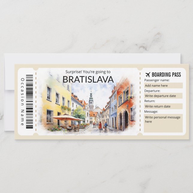 Editable Bratislava Flugzeug Ticket, Slovakia Trip Einladung (Vorderseite)