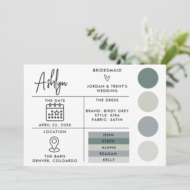 Editable Bridesmaids Info Card für Hochzeit Einladung (Stehend Vorderseite)