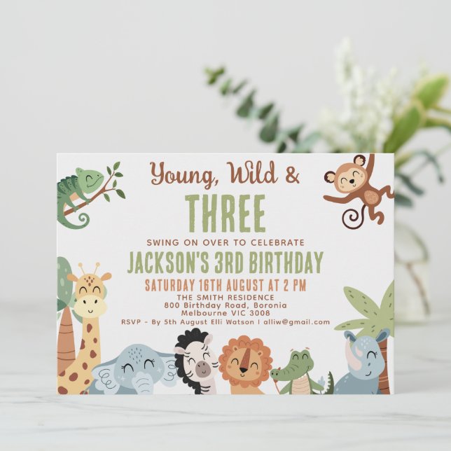 Editable Brown Green Young Wild Three 3rd Birthday Einladung (Stehend Vorderseite)