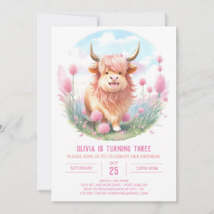 Editable Brown Highland Cow Birthday Einladung