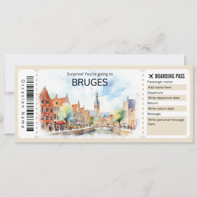 Editable Brügge Flugzeug Ticket, Belgien Trip Einladung (Vorderseite)