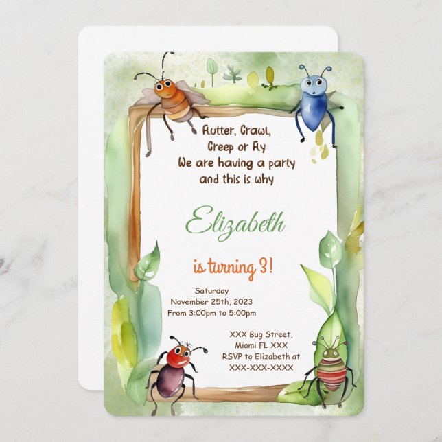Editable Bug Birthday Party Einladung (Vorne/Hinten)