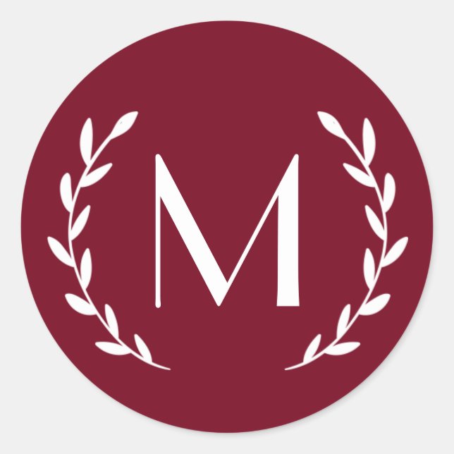 Editable Burgundy Laurel Monogram Letter Initial Runder Aufkleber (Vorderseite)