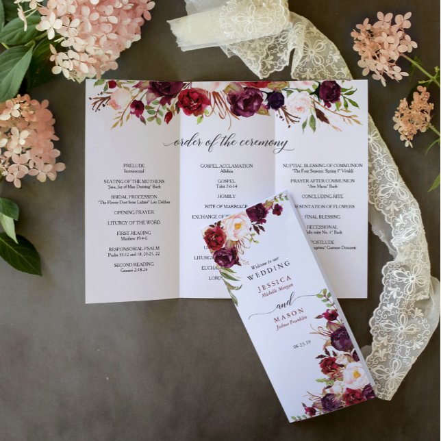 Editable Burgundy Marsala Tri-Fold Wedding Program Flyer (Von Creator hochgeladen)