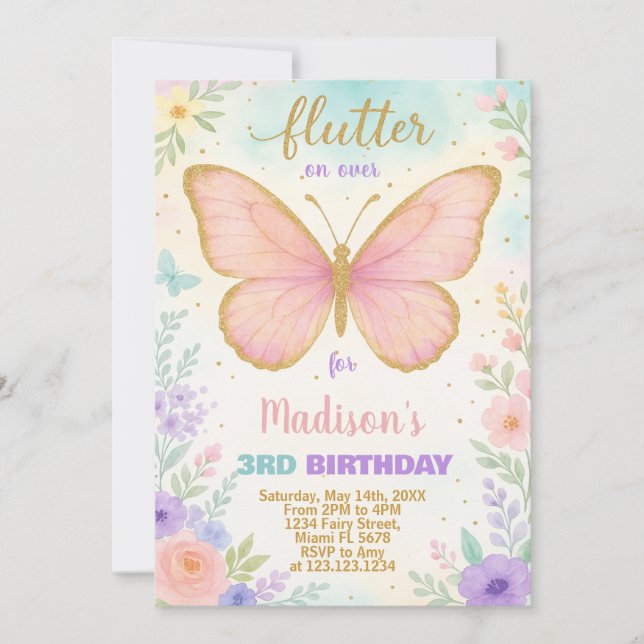 Editable Butterfly zum Geburtstag Einladung (Vorderseite)