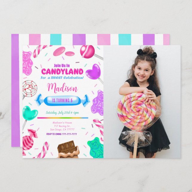 Editable Candy Land Birthday Foto Einladung (Vorne/Hinten)