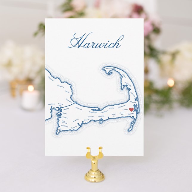 Editable Cape Cod Wedding Table Town Cards Harwich Einladung (Harwich Cape Cod Wedding Table Town Name Cards with elegant navy blue map for Wequassett Resort)