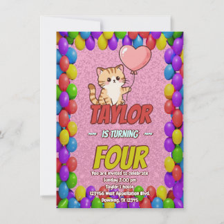 Editable Cat-Themed Birthday Einladungs-Ballons Einladung