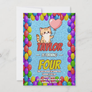 Editable Cat-Themed Birthday Einladungs-Ballons Einladung