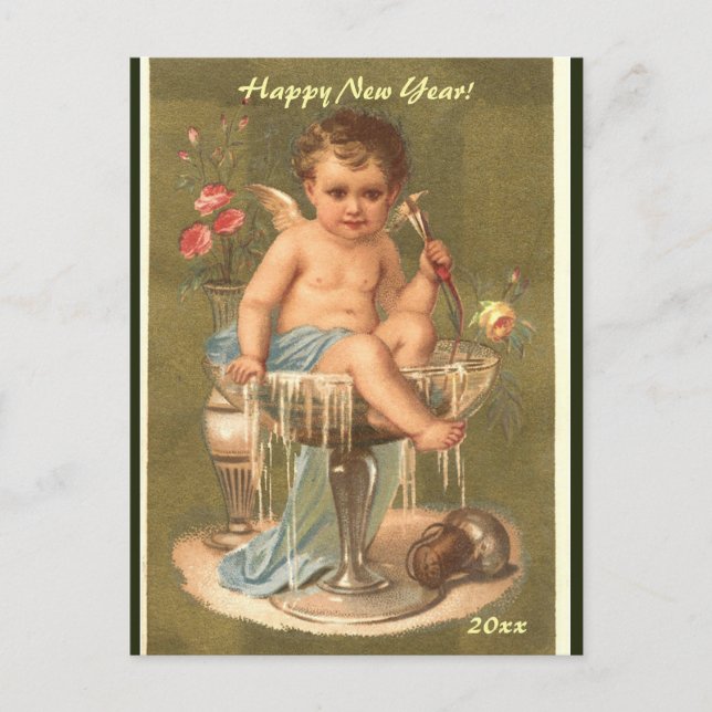 Editable Champagne Cherub Happy New Year Postkarte (Vorderseite)