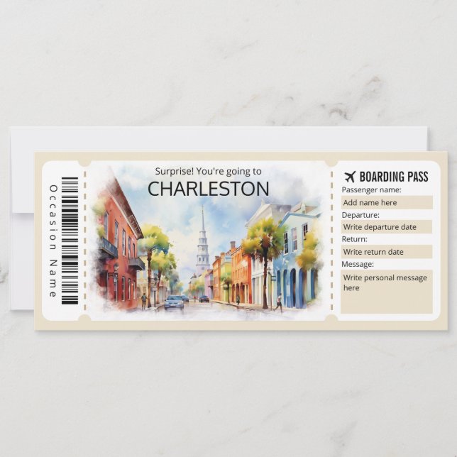 Editable Charleston Flugzeug Ticket, South Carolin Einladung (Vorderseite)