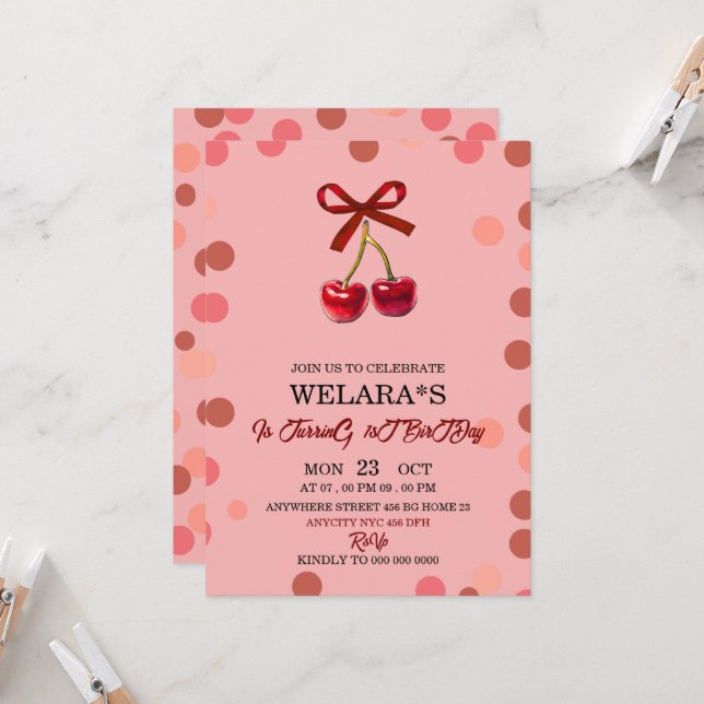 Editable Cherry 1st Birthday Birthday Invitation T Einladung (Vorderseite/Rückseite Beispiel)