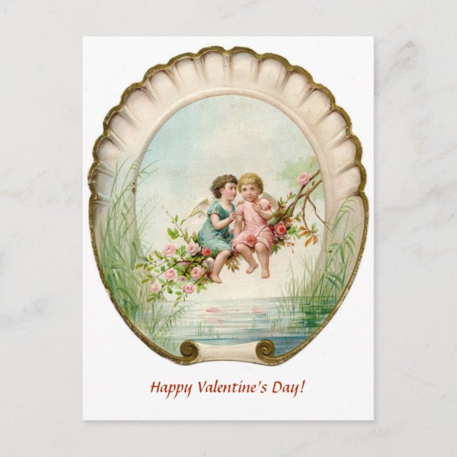 Editable Cherubs auf einem Zweig der Rose Valentin Postkarte (Vorderseite)