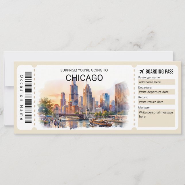 Editable Chicago Trip Boarding Pass Ticket Einladung (Vorderseite)