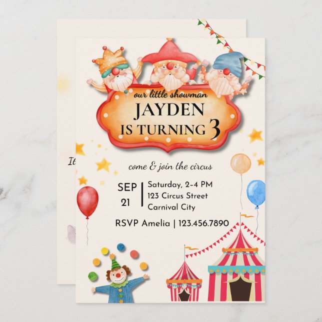 Editable Circus Birthday Invitation Einladung (Vorne/Hinten)