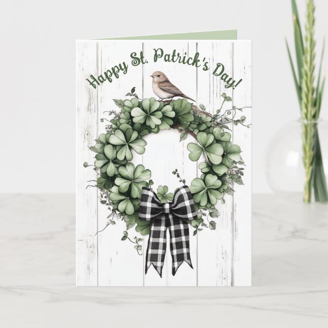Editable Clover Wreath and Bird St Patricks Day Karte (Vorderseite)