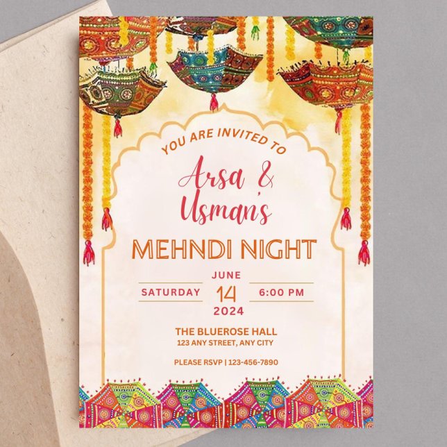 Editable Colorful Mehndi Orange Umbrella Haldi Dho Einladung (Von Creator hochgeladen)